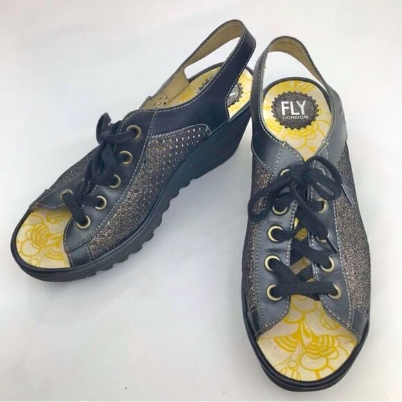 Fly London Black Metallic Perforated Leather Slingback Lace Up Chunky Wedges - Picture 1 of 16